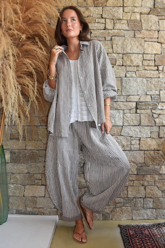 Sundaze Cheesecloth Chalk Stripe Classic Barrel Pant Mocha